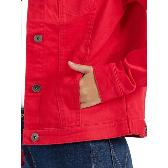 Women's Authentic Stretch Denim Jacket Long Sleeves Red Classic Jean Jacket - Picture 5 of 5